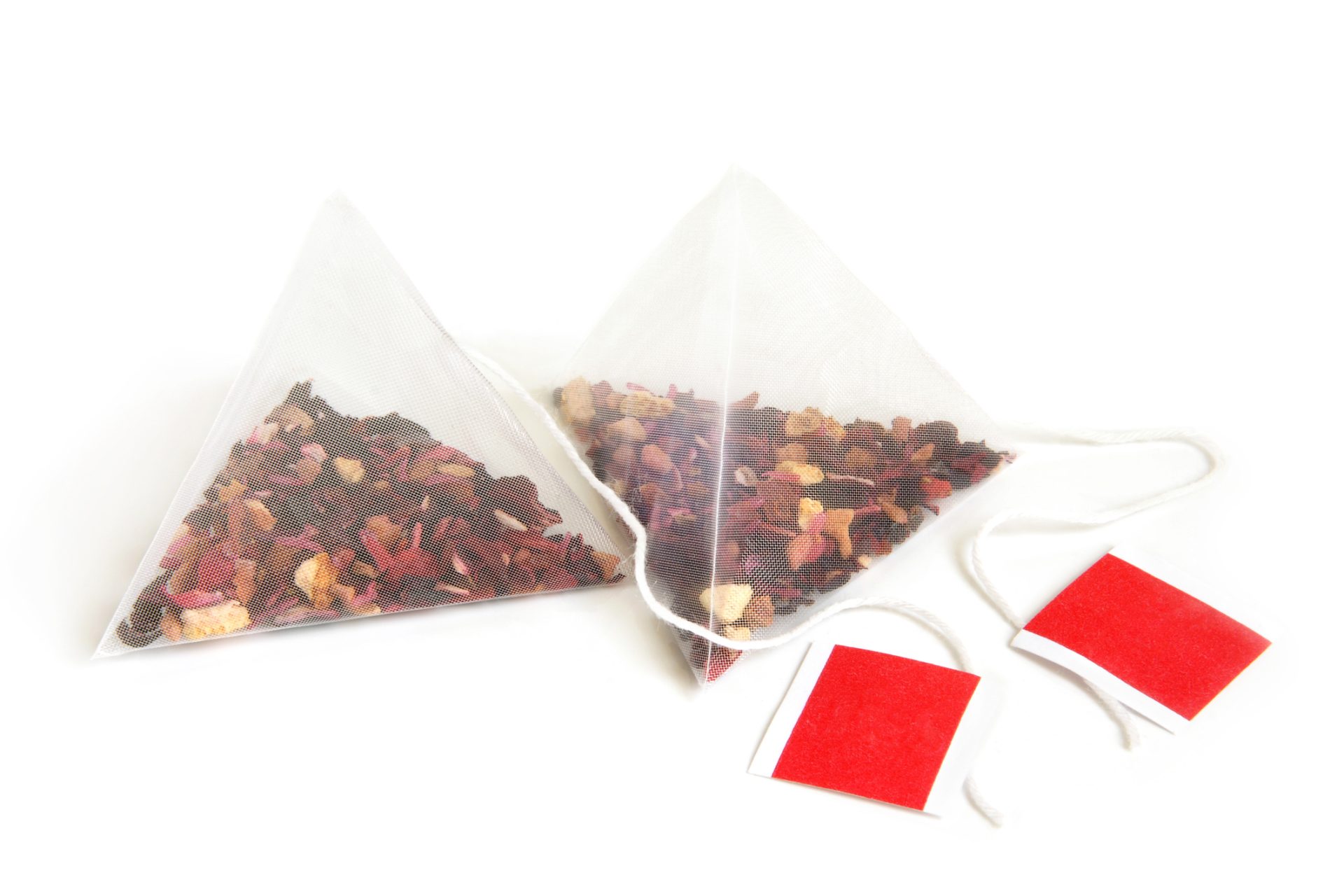 Pyramid tea bags on a white background